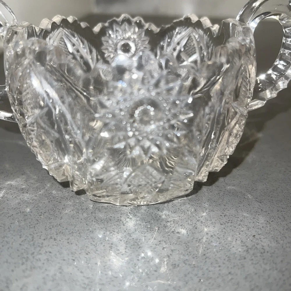 Vtg American Brilliant Period Cut Glass Sugar Bowl Double Handle Sawtooth